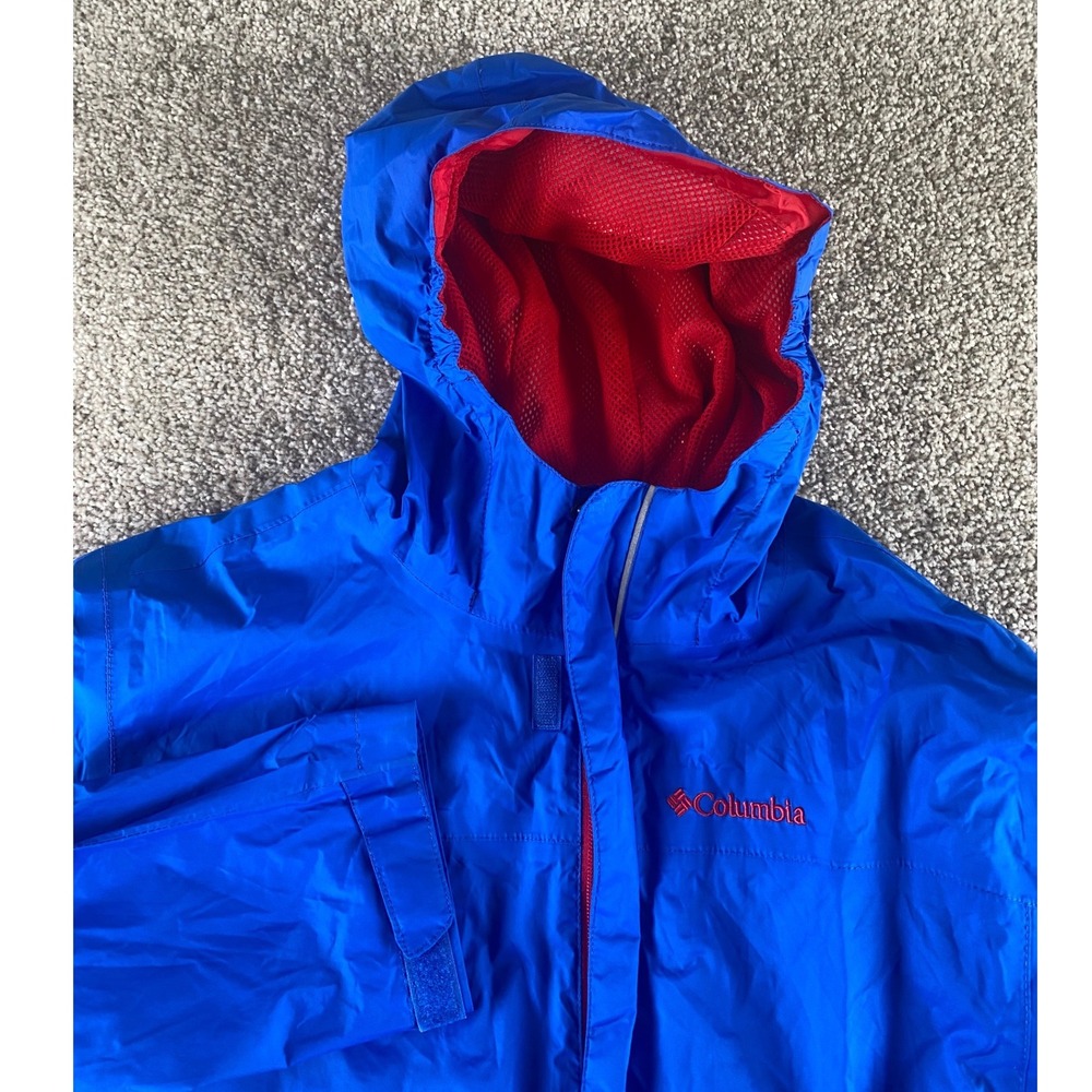 Columbia Omni-Tech Rain Jacket Womens XL Blue Red Mesh Lined Waterproof Hooded